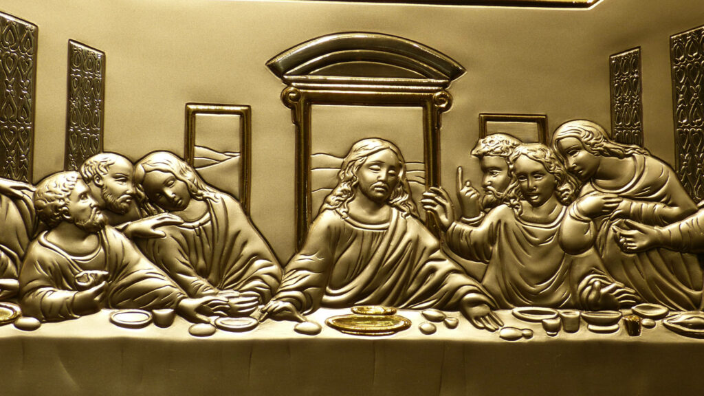 Embossed golden Last Supper wallpaper detailed metallic finish Leonardo da Vinci biblical art