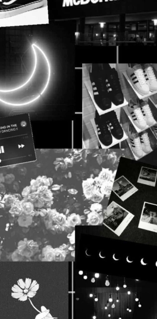 Monochrome Yin and Yang Wallpaper: Neon Moons & Roses Collage