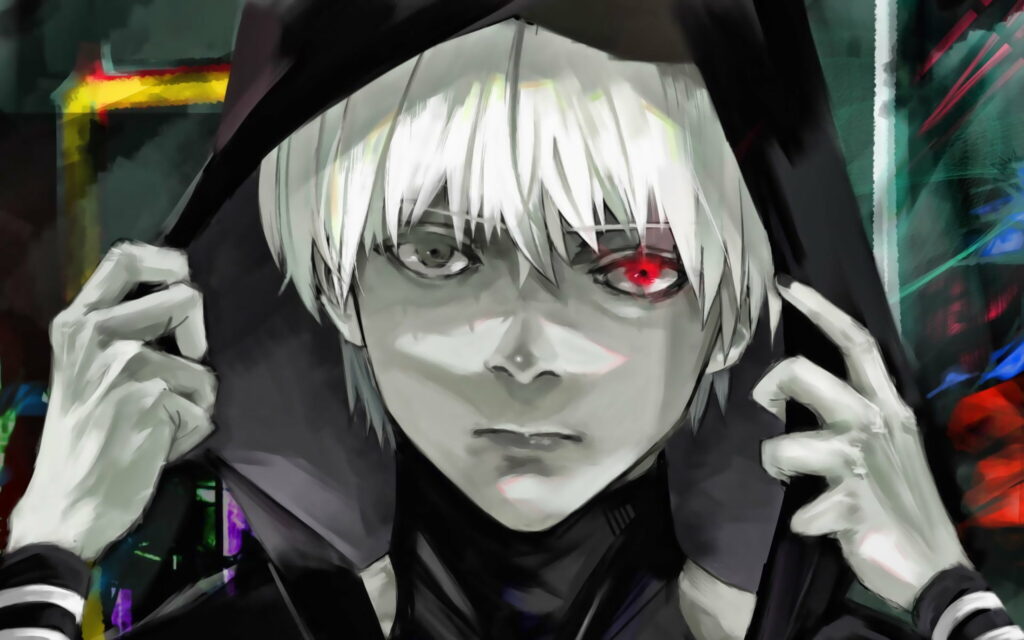 High-definition close-up of Kaneki Ken with iconic ghoul eye and white hair against city backdrop Wallpaper