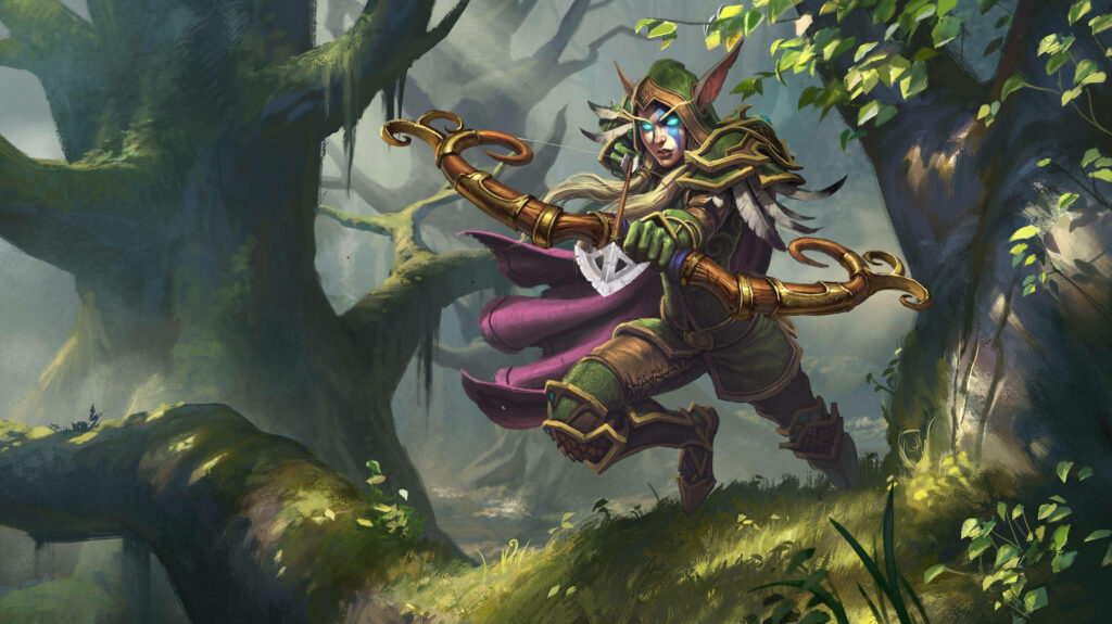 Masterful Artistry: Sylvanas Windrunner Roars to Life as the Ultimate Hunter Class Skin in Hearthstone's Captivating Digital Landscape Wallpaper