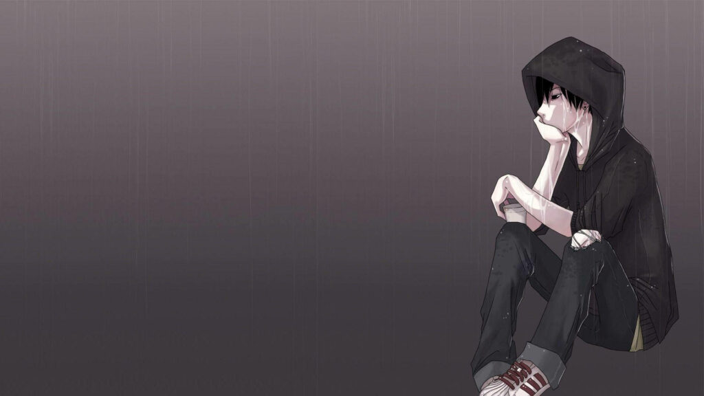Lonely Emo Boy in Black Hoodie Contemplating in Dimly Lit Space Wallpaper