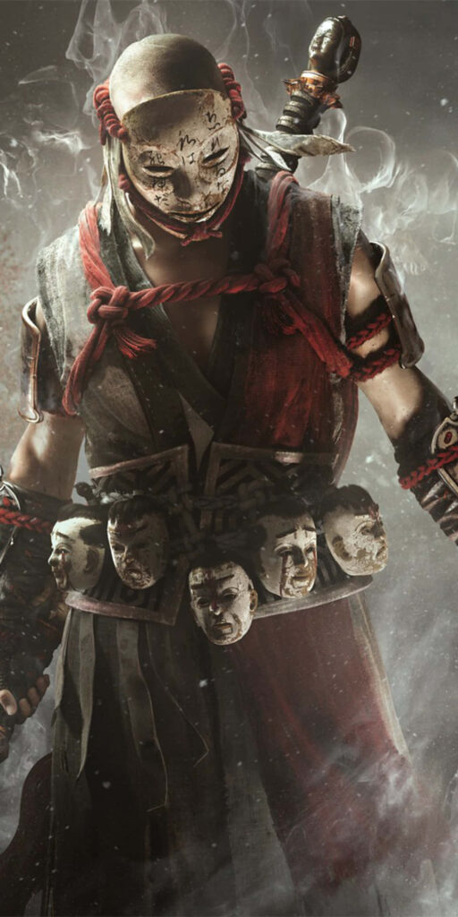 For Honor Hitokiri Warrior Standing in Battle Pose Wallpaper with Masks and Eerie Misty Backdrop