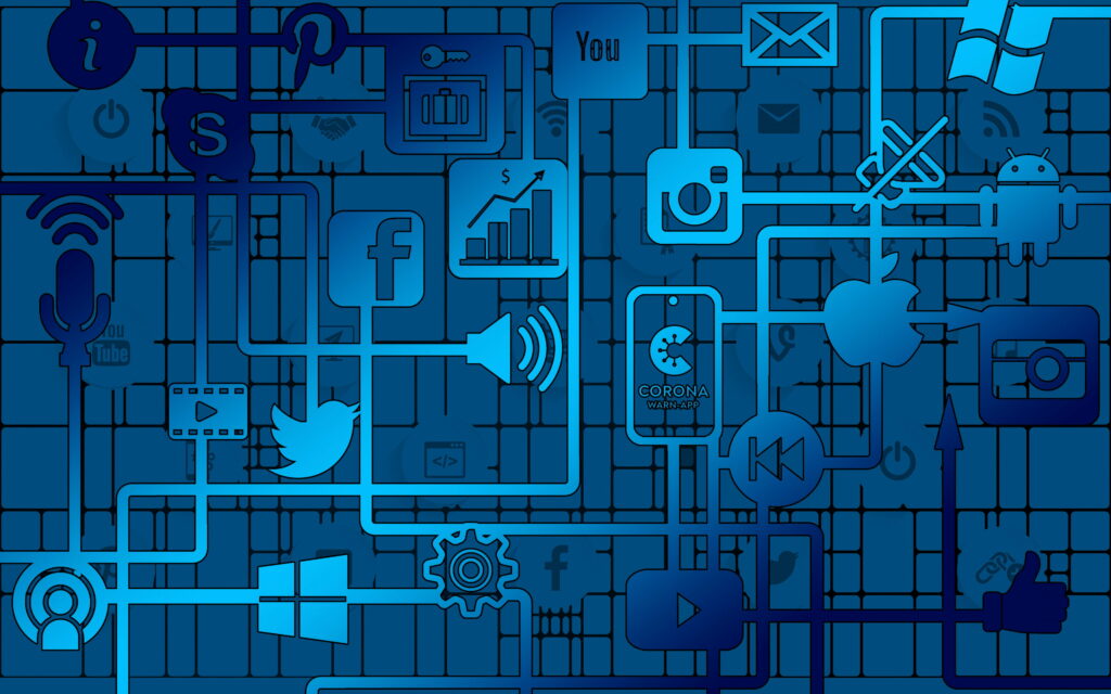 Digital Connections: A Vibrant 4K Wallpaper of Social Media Icons on a Blue Technological Background