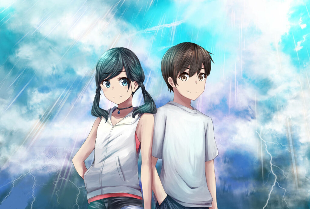 Enchanting Duo in Celestial Shower of Rain and Radiance Wallpaper