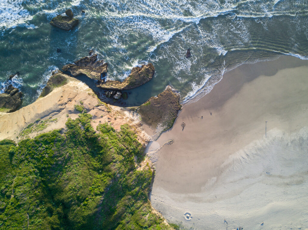 Aerial view of vibrant coastal shoreline with green vegetation sandy beach rocky formations and waves Wallpaper