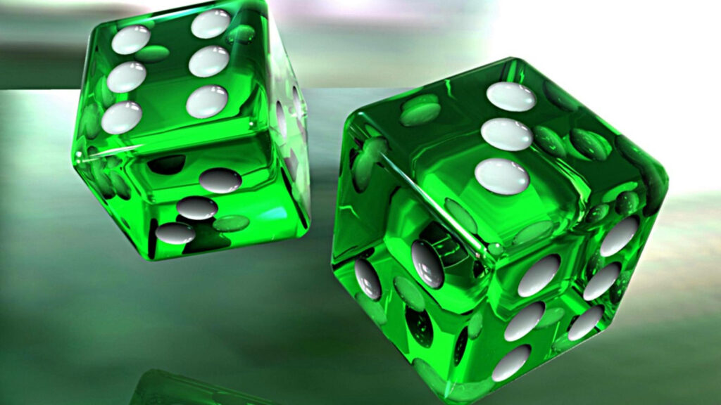 Gleaming Emerald Dice Suspended in the Air: Captivating 3D HD Wallpaper