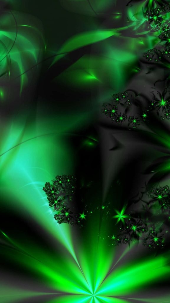 Abstract digital fractal wallpaper with radiant emerald green light and glowing floral patterns