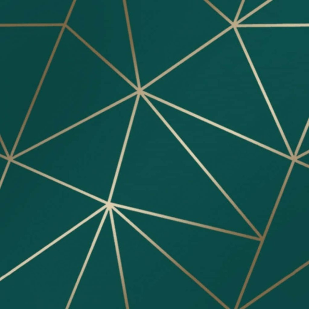 Emerald green geometric wallpaper with thin metallic gold lines forming abstract triangles