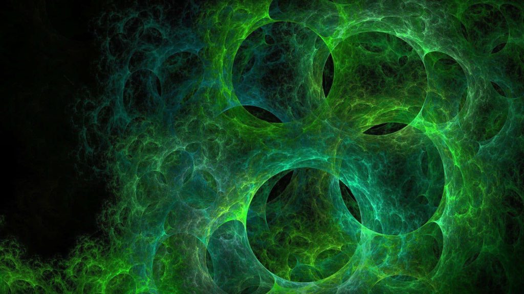 Emerald nebula abstract wallpaper with neon green fractals on dark cosmic digital background