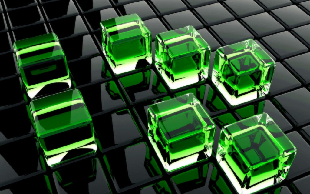 Vibrant Emerald Glass Cubes Shimmering on Black Gloss - Mesmerizing 3D Backdrop Wallpaper