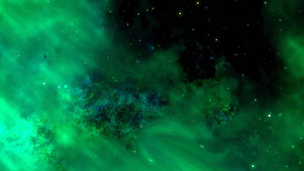 Vibrant emerald space wallpaper with swirling gas clouds and sparkling distant stars background