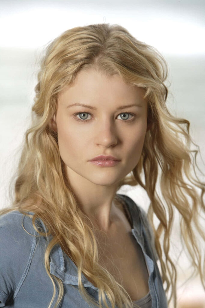 Emilie de Ravin portrait with natural blonde waves soft lighting serene blue eyes wallpaper background
