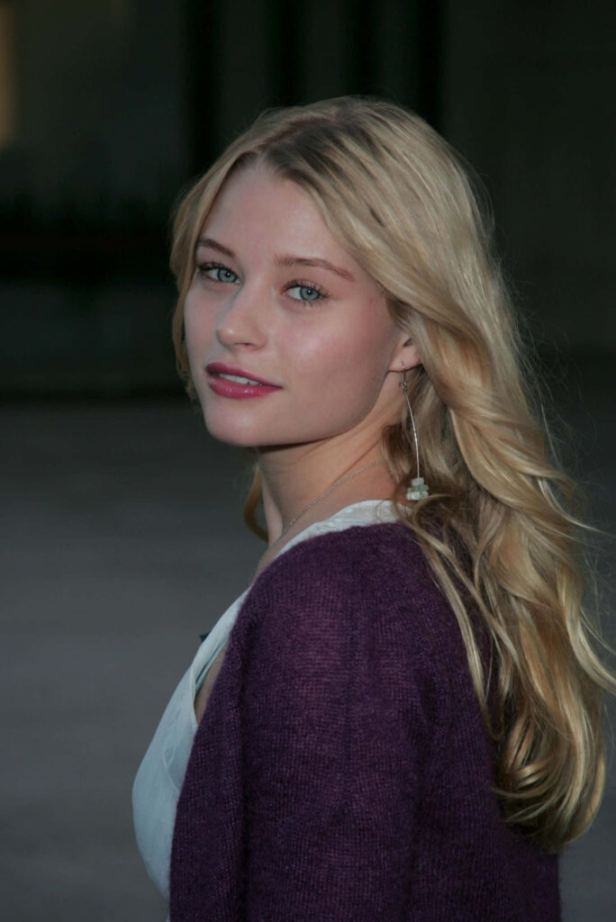 Emilie de Ravin in purple sweater natural light serene outdoor portrait minimalist wallpaper