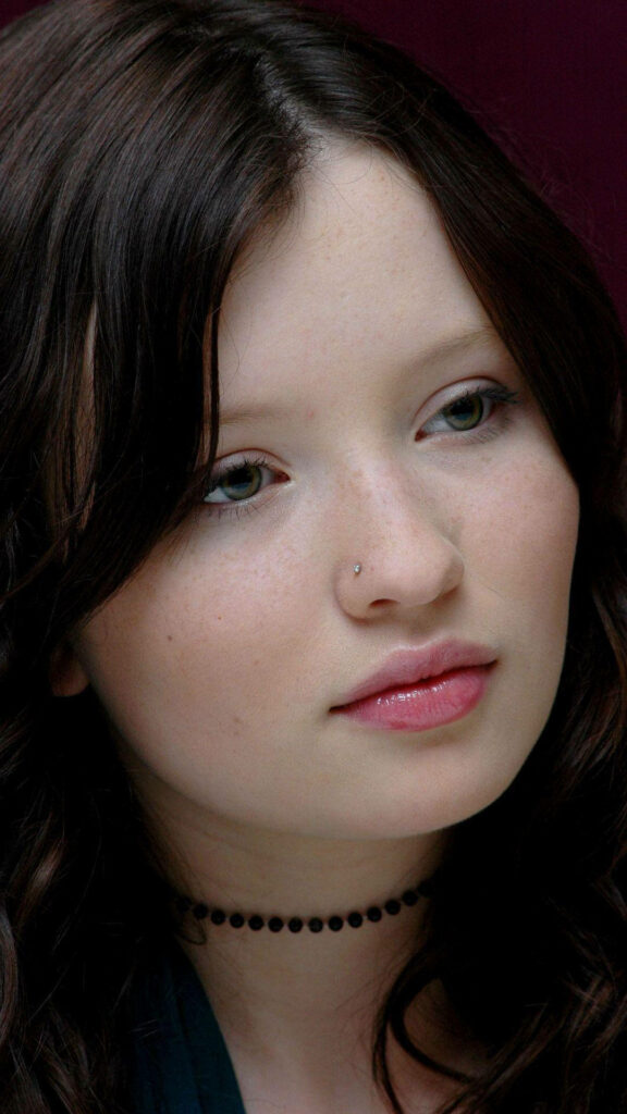 Emily Browning 2004 portrait with natural makeup freckles soft waves burgundy background close-up Wallpaper