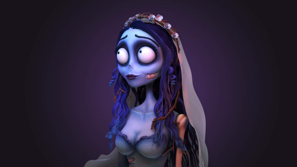 Emily from Corpse Bride 3D wallpaper detailed textures gothic bridal gown deep purple background