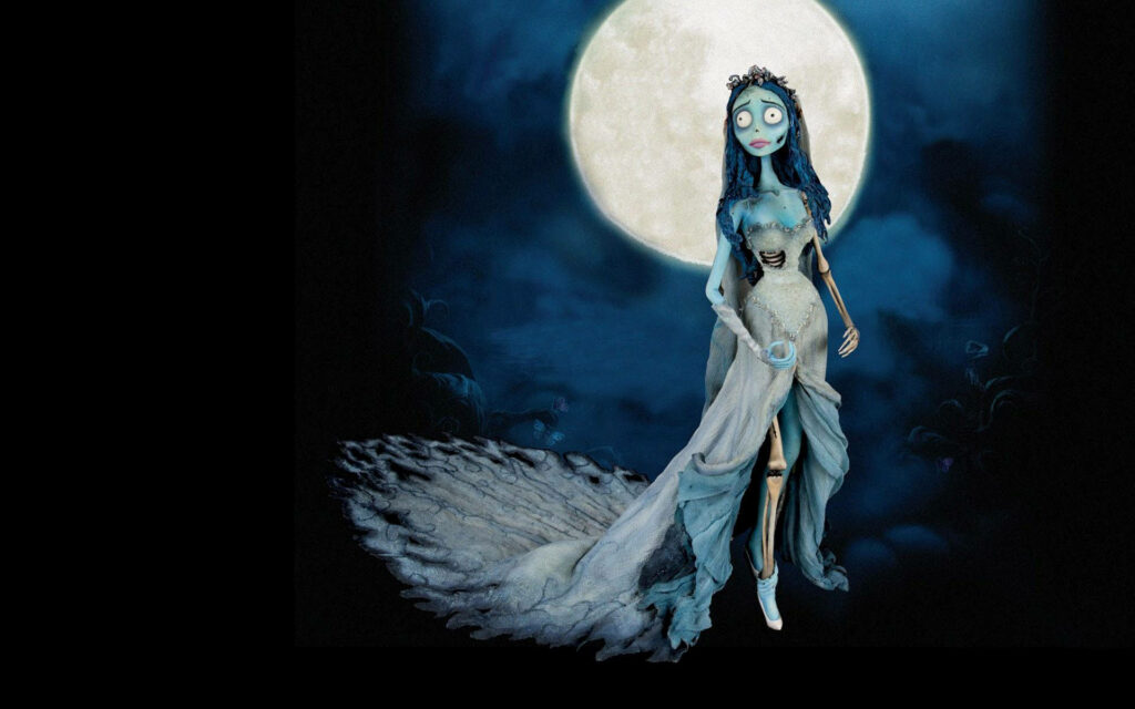 Emily from Corpse Bride in haunting 3D gothic scene with glowing full moon and eerie lighting Wallpaper