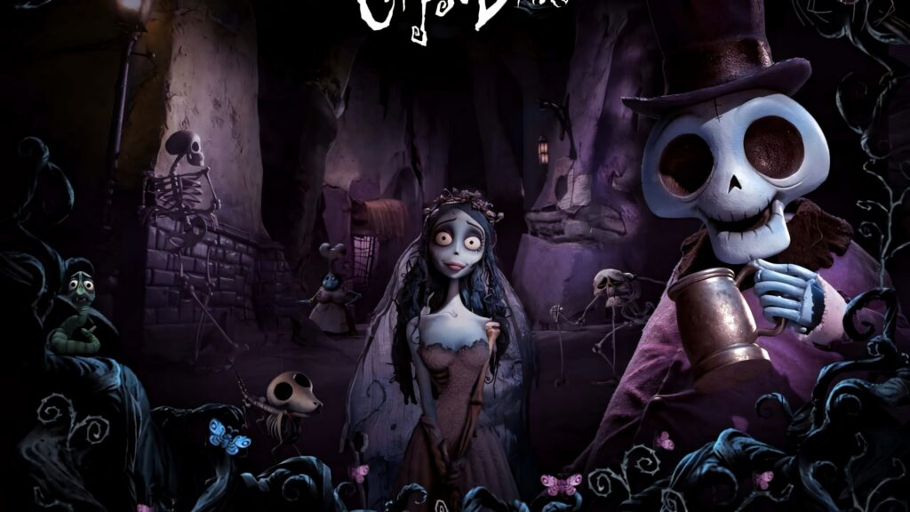 Emily from Corpse Bride in gothic underworld with skeletal characters and twisted blue vines wallpaper