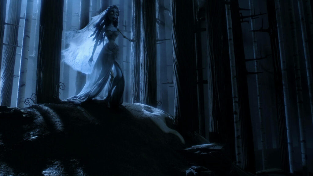 Emily the Corpse Bride in a moonlit gothic forest with eerie blue tones and shadowy trees Wallpaper