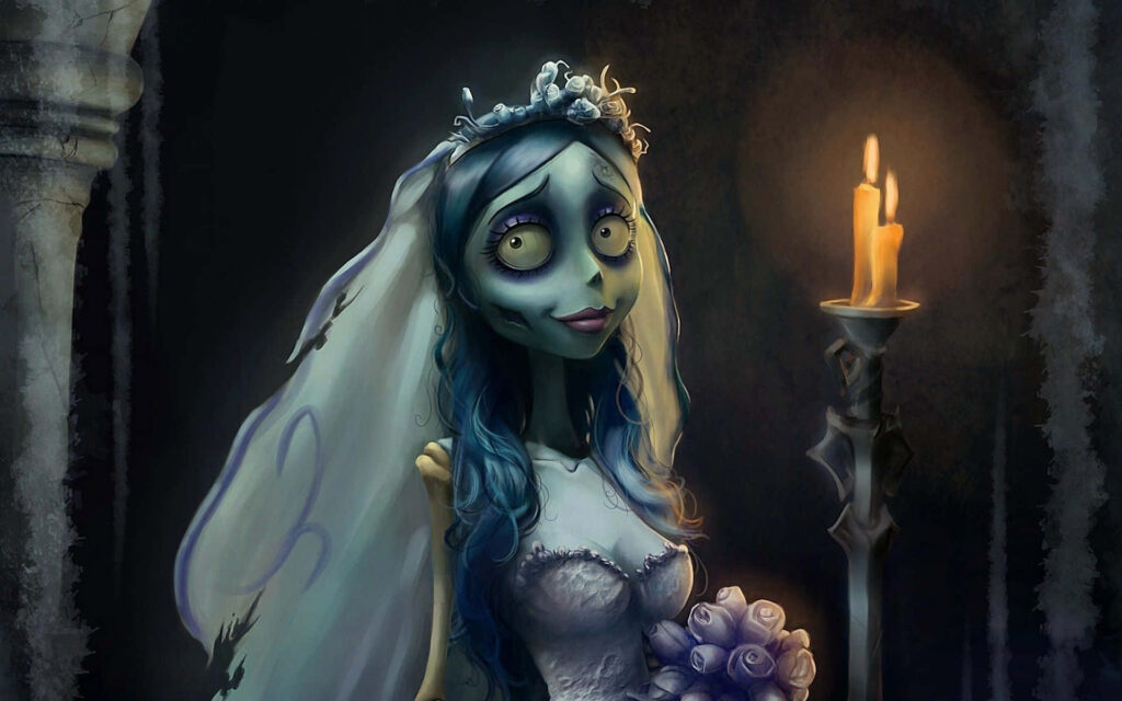 Emily from Corpse Bride in moonlit gothic gown holding bouquet with flickering candlelight background Wallpaper
