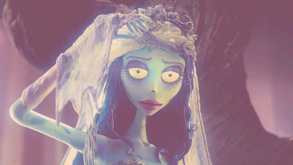Emily from Corpse Bride in pastel hues with lace veil gothic whimsical stop-motion animation wallpaper