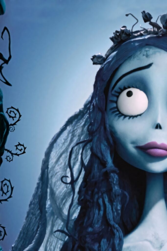 Half-face Emily Corpse Bride gothic wallpaper blue background Tim Burton animated film art style