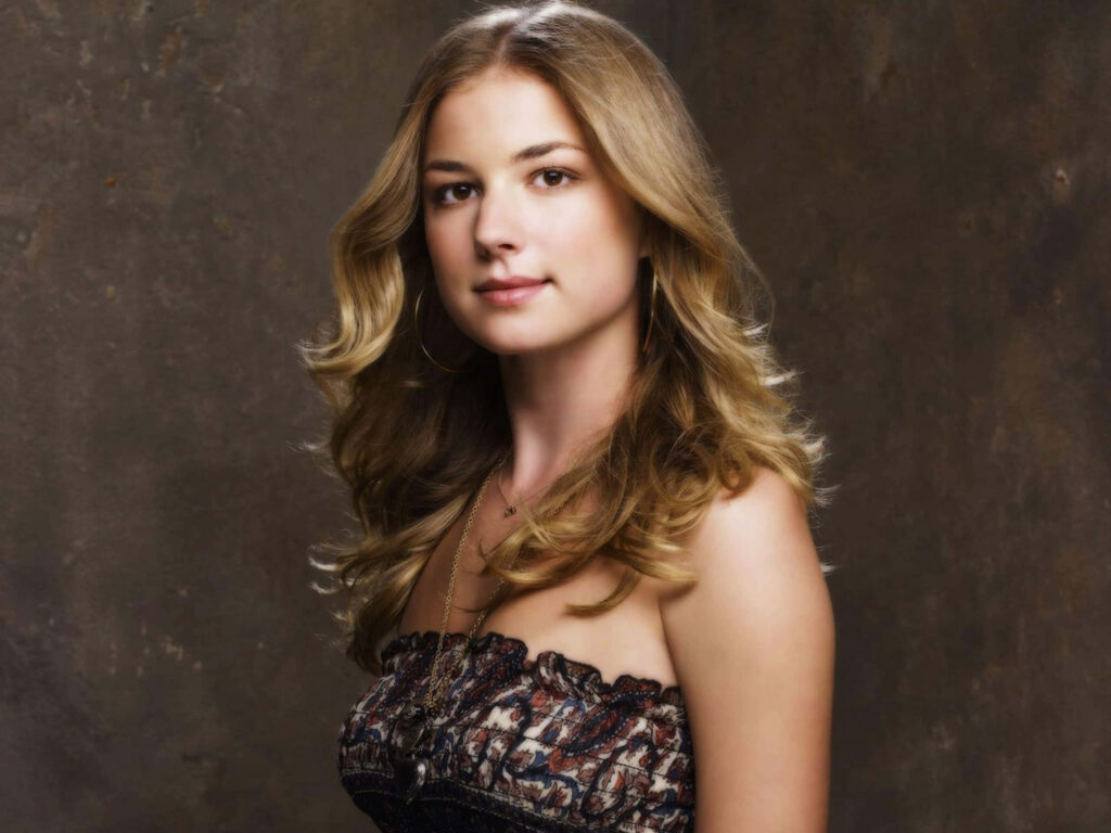 Emily VanCamp portrait in warm light with wavy blonde hair and elegant patterned dress wallpaper