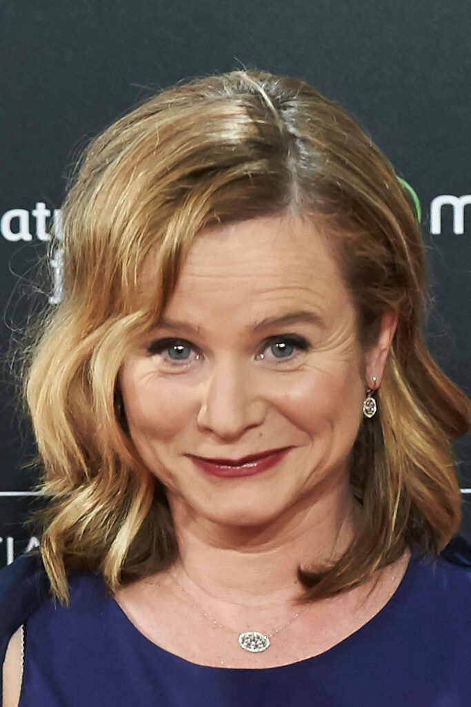 Emily Watson close-up portrait at 63rd San Sebastian Film Festival in elegant deep blue outfit Wallpaper