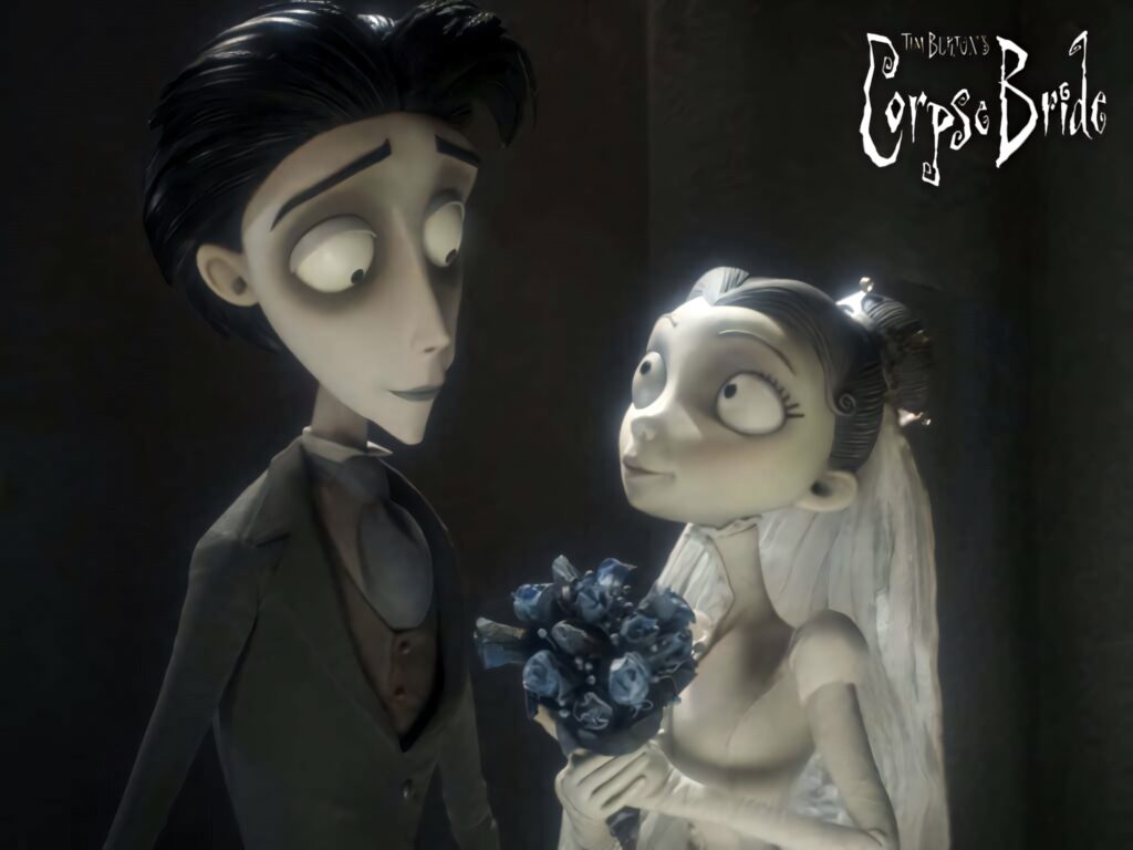 Emily and Victor Van Dort from Tim Burtons Corpse Bride stand in moonlit gothic stop-motion style scene Wallpaper