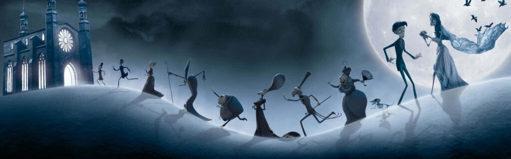 Emily and Victor Van Dort walking to gothic church under full moon with quirky skeletons in Burton style Wallpaper