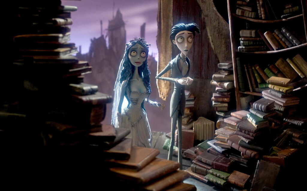 Emily and Victor Van Dort from Corpse Bride in gothic library with old books and dark whimsical style Wallpaper