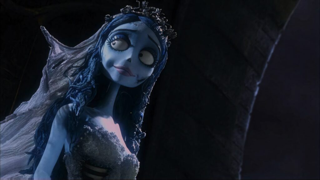 Emily the Corpse Bride with blue skin and gown in dark gothic Tim Burton style wallpaper background