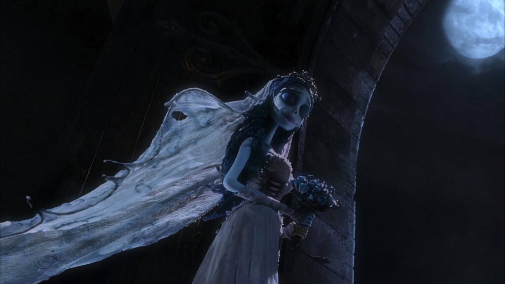 Emily the Corpse Bride in moonlight with tattered veil and bouquet Tim Burton goth wallpaper