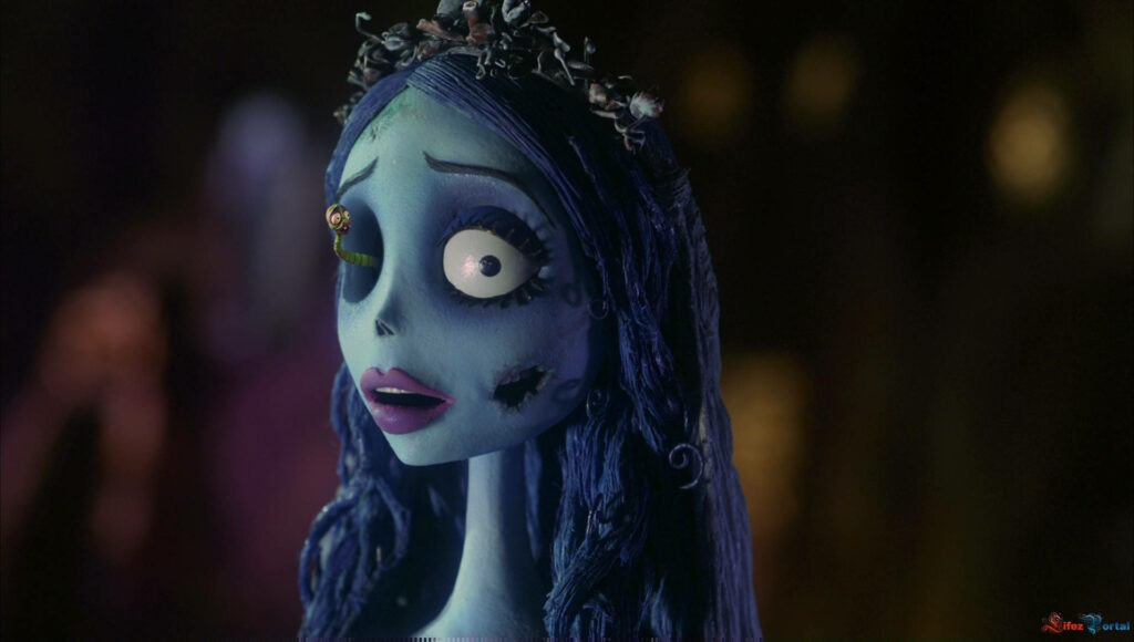 Emily the Corpse Bride in gothic style with wide eyes and detailed textures on wallpaper background