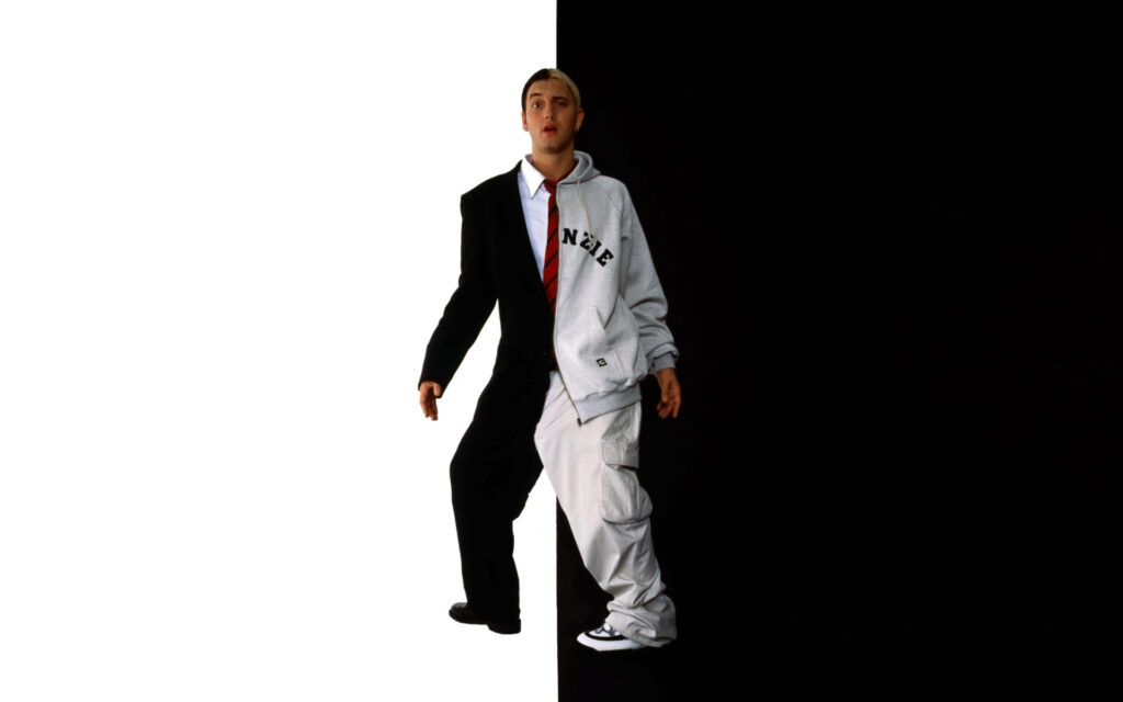 Black and white Eminem wallpaper split showing duality with contrasting black and white sides