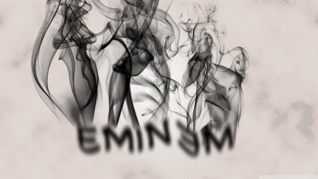 Eminem name rising from swirling black smoke dramatic intense wallpaper background design