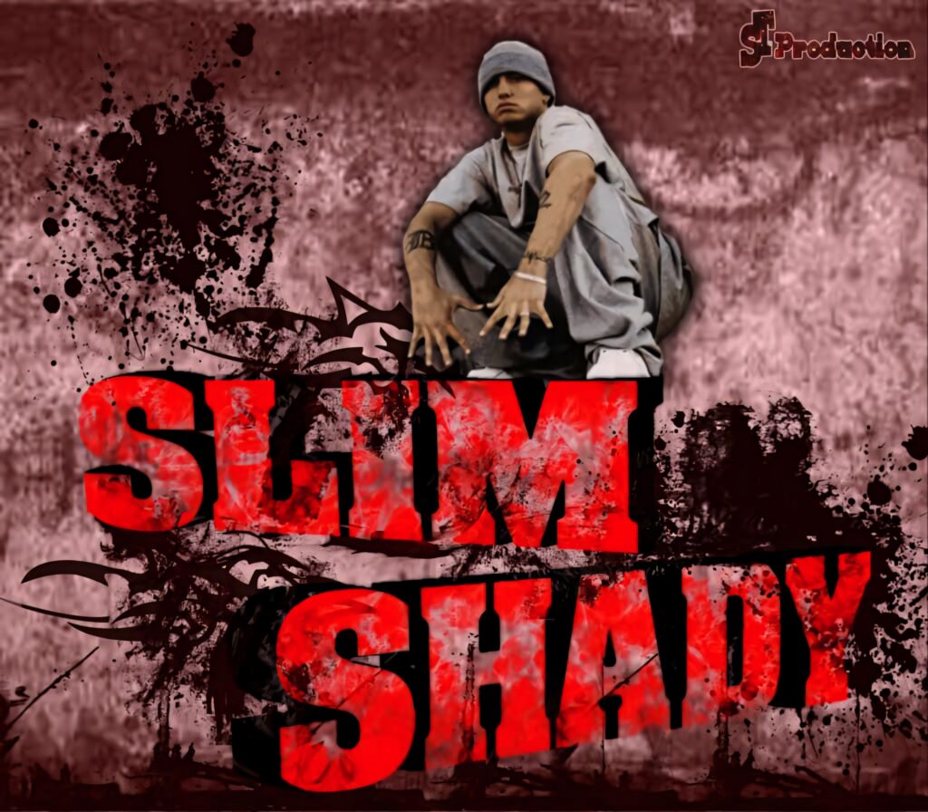Eminem as Slim Shady crouched above bold red graffiti text on a grungy textured wallpaper background