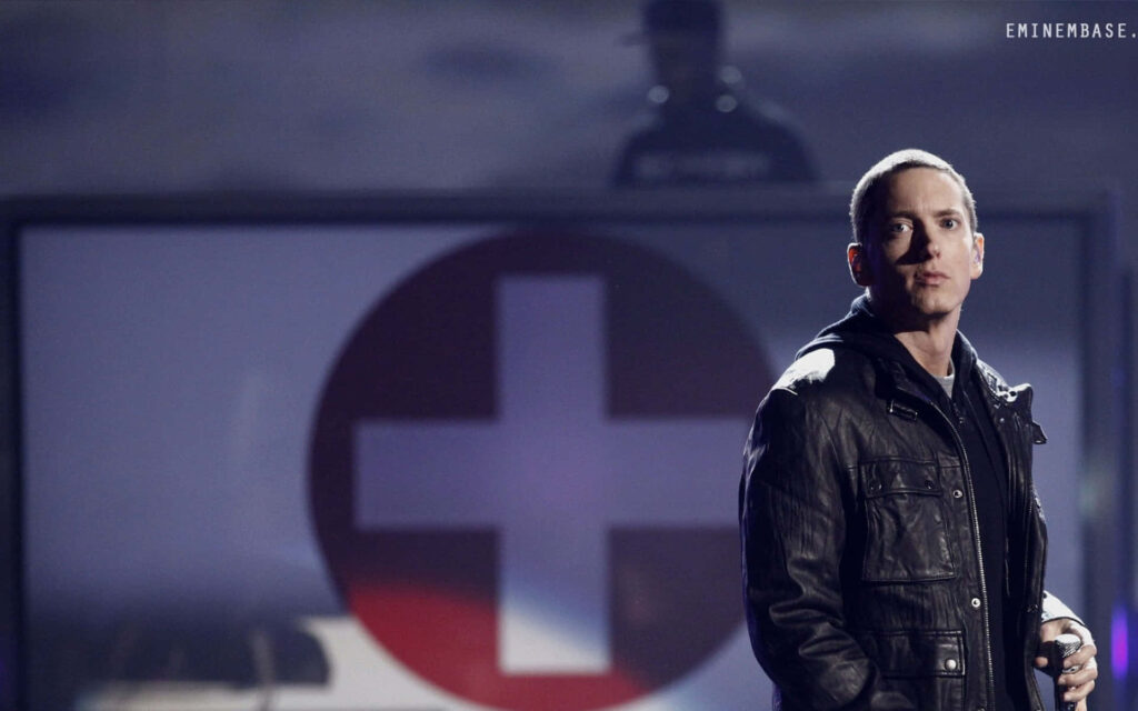 Eminem Slim Shady wallpaper with intense red cross background and dramatic atmosphere