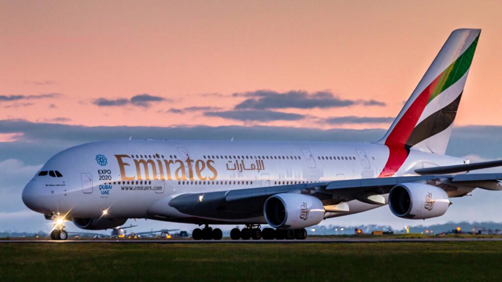 Emirates A380 double-decker jet sunset wallpaper showcasing iconic size and vibrant livery