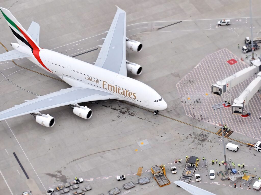 Emirates A380 airplane parked at airport terminal busy with ground crew and service vehicles Wallpaper