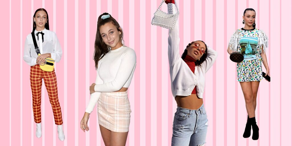 Emma Chamberlain collage wallpaper with bold patterns playful accessories and vibrant colors on pink background