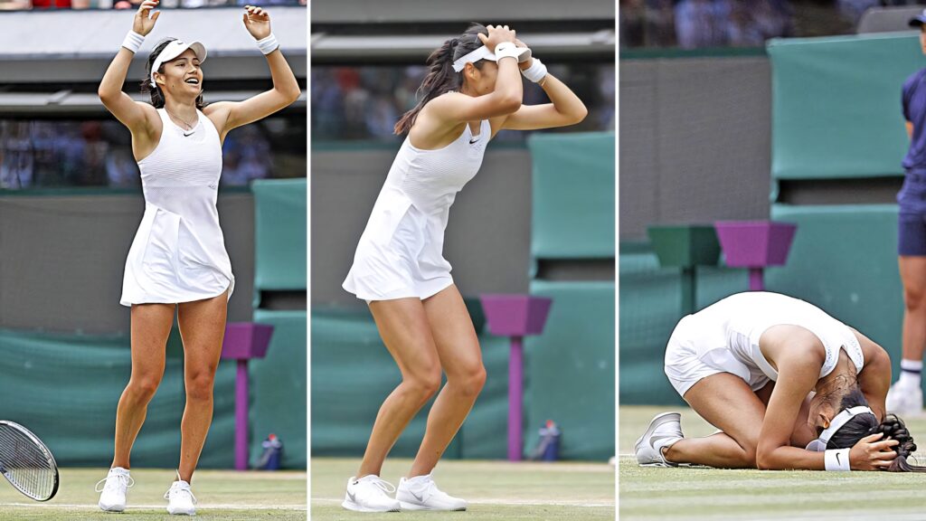 Emma Raducanu tennis collage high resolution emotional moments grass court white outfit wallpaper