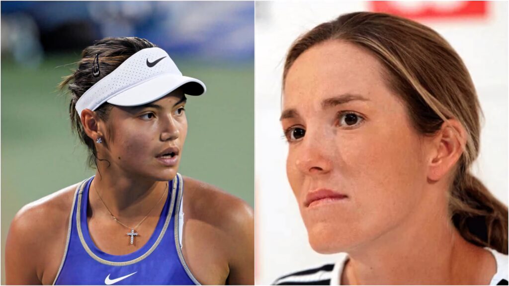 Tennis players Emma Raducanu in blue Nike gear and Justine Henin focused portrait wallpaper background
