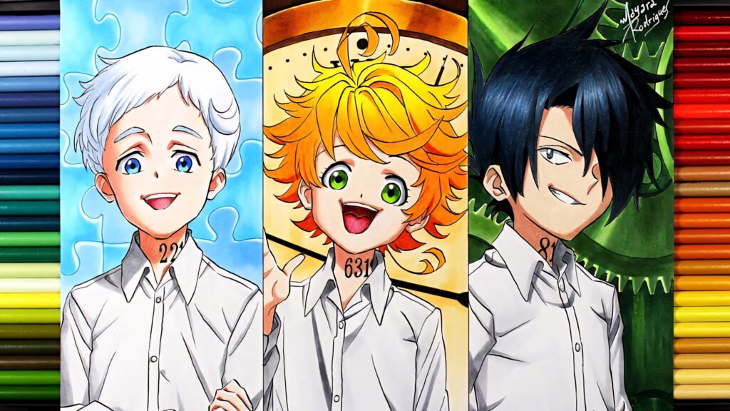 Emma Ray and Norman from The Promised Neverland vibrant colorful character art wallpaper background