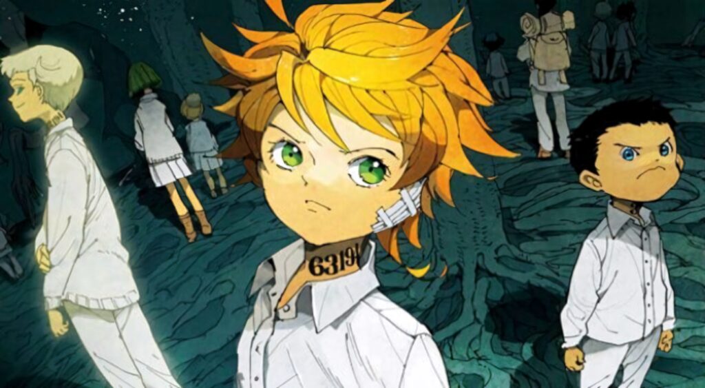 Emma Ray and Norman from The Promised Neverland united in mysterious forest wallpaper background