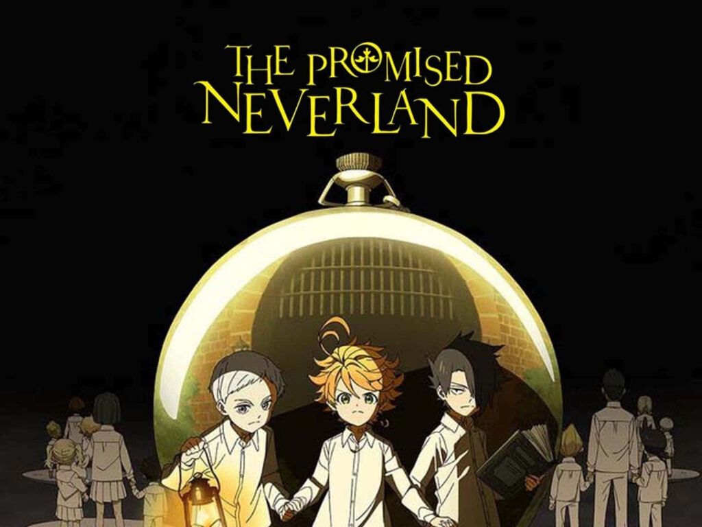 Emma Ray and Norman from The Promised Neverland with glowing pocket watch and children background Wallpaper