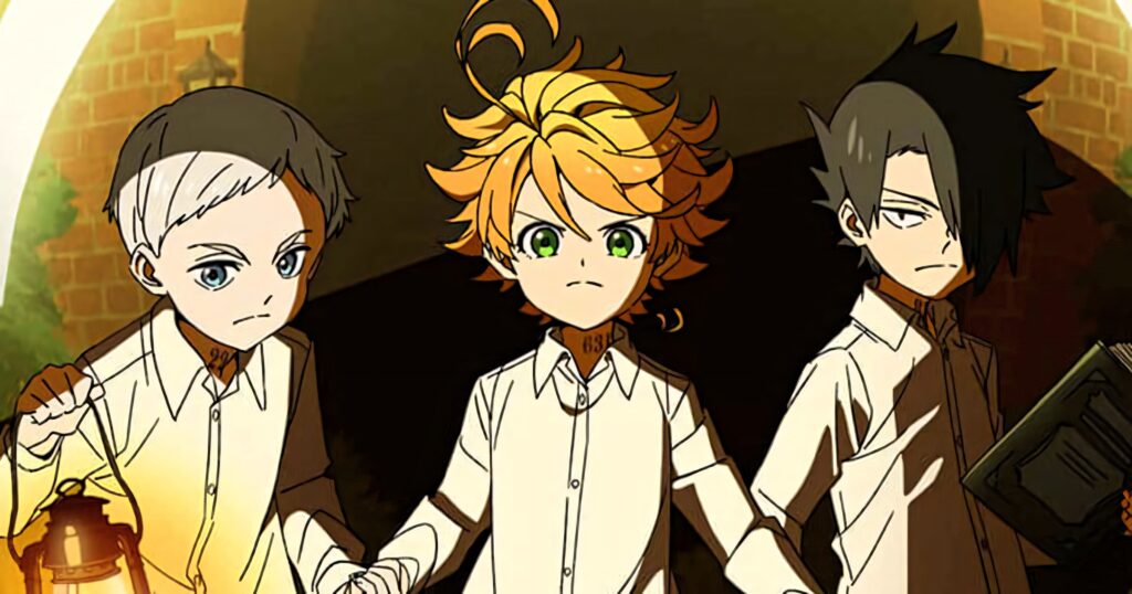 Emma Ray and Norman united in The Promised Neverland tense moment wallpaper background
