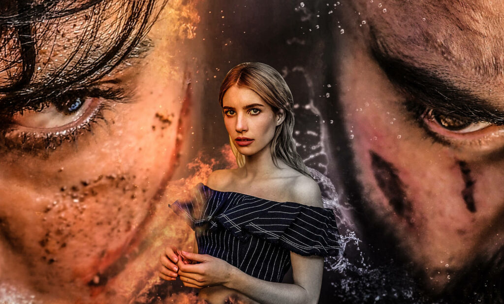 Emma Roberts wallpaper with dramatic fictional characters fiery orange shadows cinematic art style