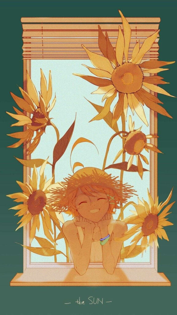 Emma from The Promised Neverland smiles by windowsill with tall sunflowers in warm sunlight Wallpaper