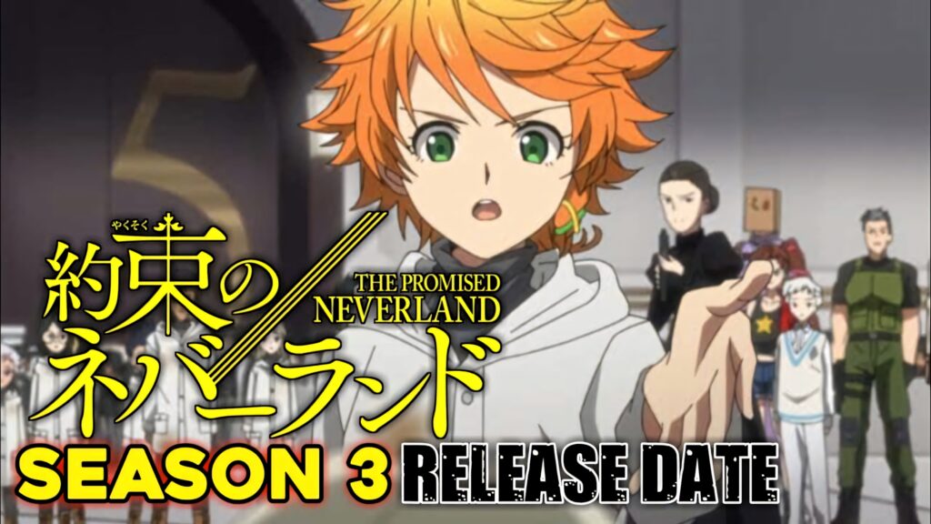 Emma from The Promised Neverland determined pose with suspenseful anime characters background wallpaper