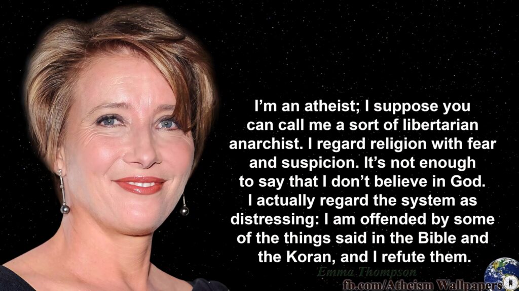 Emma Thompson portrait wallpaper with starry background and bold atheism quote minimalist design